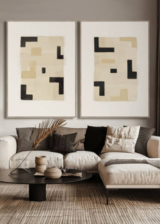 CREMONA FRAMED CANVAS PRINT  |  100X140CM  |  SET OF 2  |  BLACK + SAND + BEIGE  |  LIGHT NATURAL FRAME