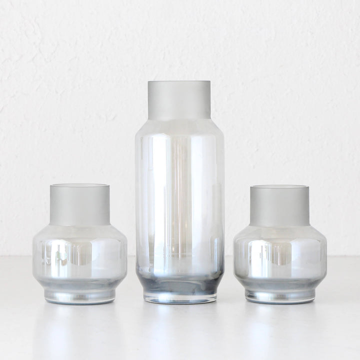 CYLINDER GLASS VASE BUNDLE X3 | SMALL + MEDIUM | GREY