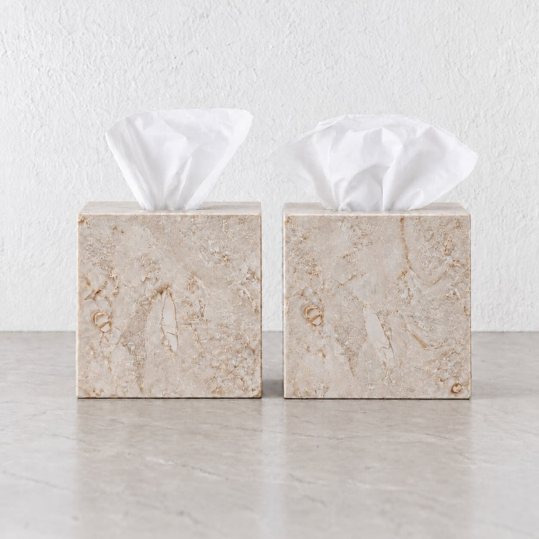 CAMERO MARBLE SQUARE TISSUE BOX  |  SAND DUNE BEIGE MARBLE