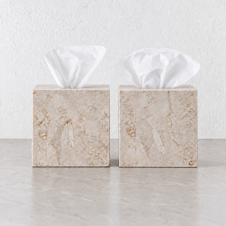 CAMERO MARBLE SQUARE TISSUE BOX  |  SAND DUNE BEIGE MARBLE