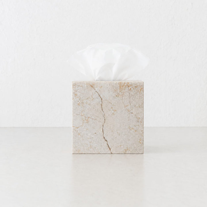 CAMERO MARBLE SQUARE TISSUE BOX  |  SAND DUNE BEIGE MARBLE