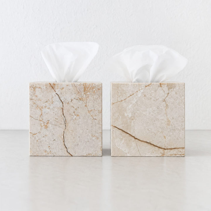 CAMERO MARBLE SQUARE TISSUE BOX  |  SAND DUNE BEIGE MARBLE