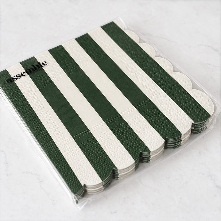 CARNIVAL PAPER NAPKIN BUNDLES  |  STRIPED DARK GREEN + IVORY