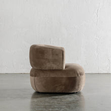 CARSON ROUNDED ARMCHAIR SIDE VIEW  |  DUSTY COFFEE VELVET
