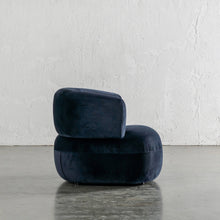 CARSON ROUNDED ARMCHAIR SIDE VIEW |  NAVY ACCOLADE VELVET