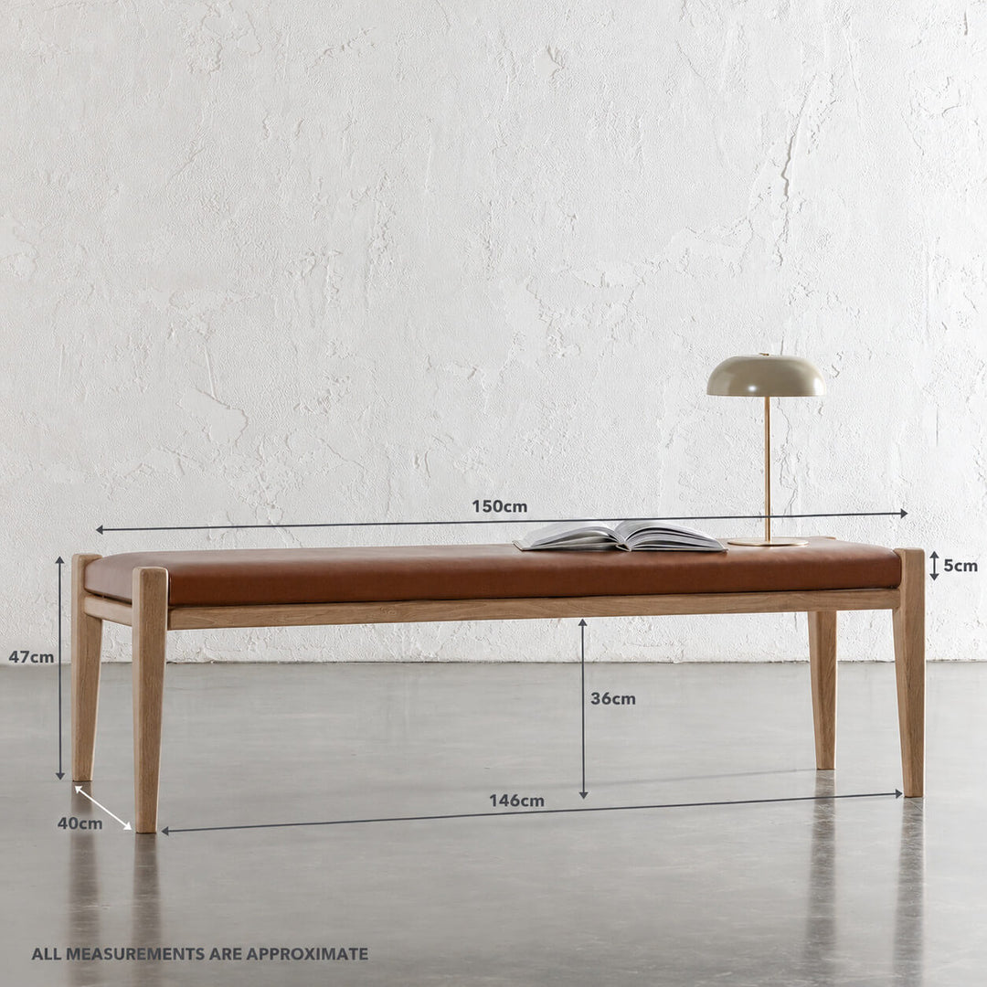 CASONI PADDED BENCH SEAT  |  SMOKE HAZE WASH TEAK + COCOA TAN LEATHER