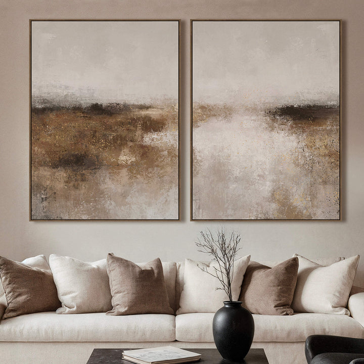 CERVO FRAMED TEXTURED PRINT ON HESSIAN  |  SET OF 2  |  90 X 120CM  |  NATURAL EARTH + TAUPE  |  OAK NATURAL FRAME