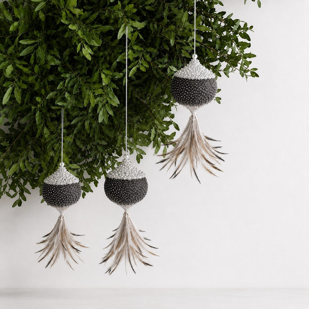 CHATILLON FEATHER CHRISTMAS BAUBLE SETS  |  CHARCOAL + SILVER
