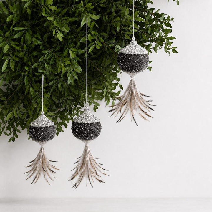 CHATILLON FEATHER CHRISTMAS BAUBLE SETS  |  CHARCOAL + SILVER
