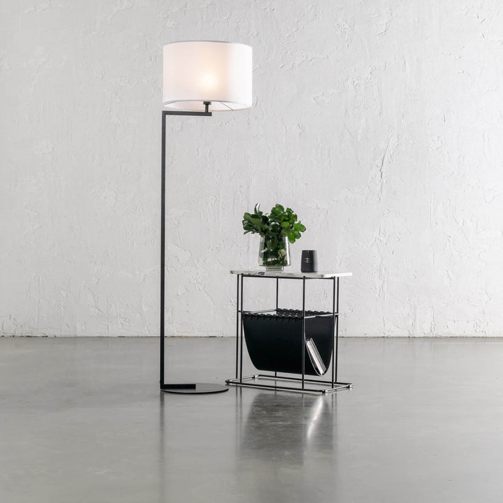 CORMONT MATTE BLACK FLOOR LAMP  |  WHITE LINEN SHADE