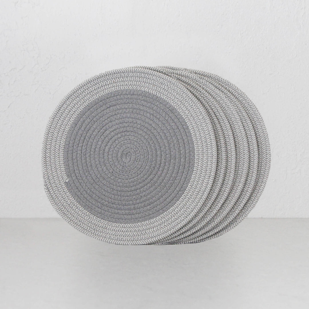 DEMI COTTON ROUND PLACEMAT | GREY + WHITE BORDER | SET OF 6