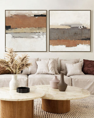 LBD EXCLUSIVE  |  DOMINGOS FRAMED CANVAS PRINT  |  SET OF 2  |  100CM X 100CM  |  RUST + WHITE + BLACK