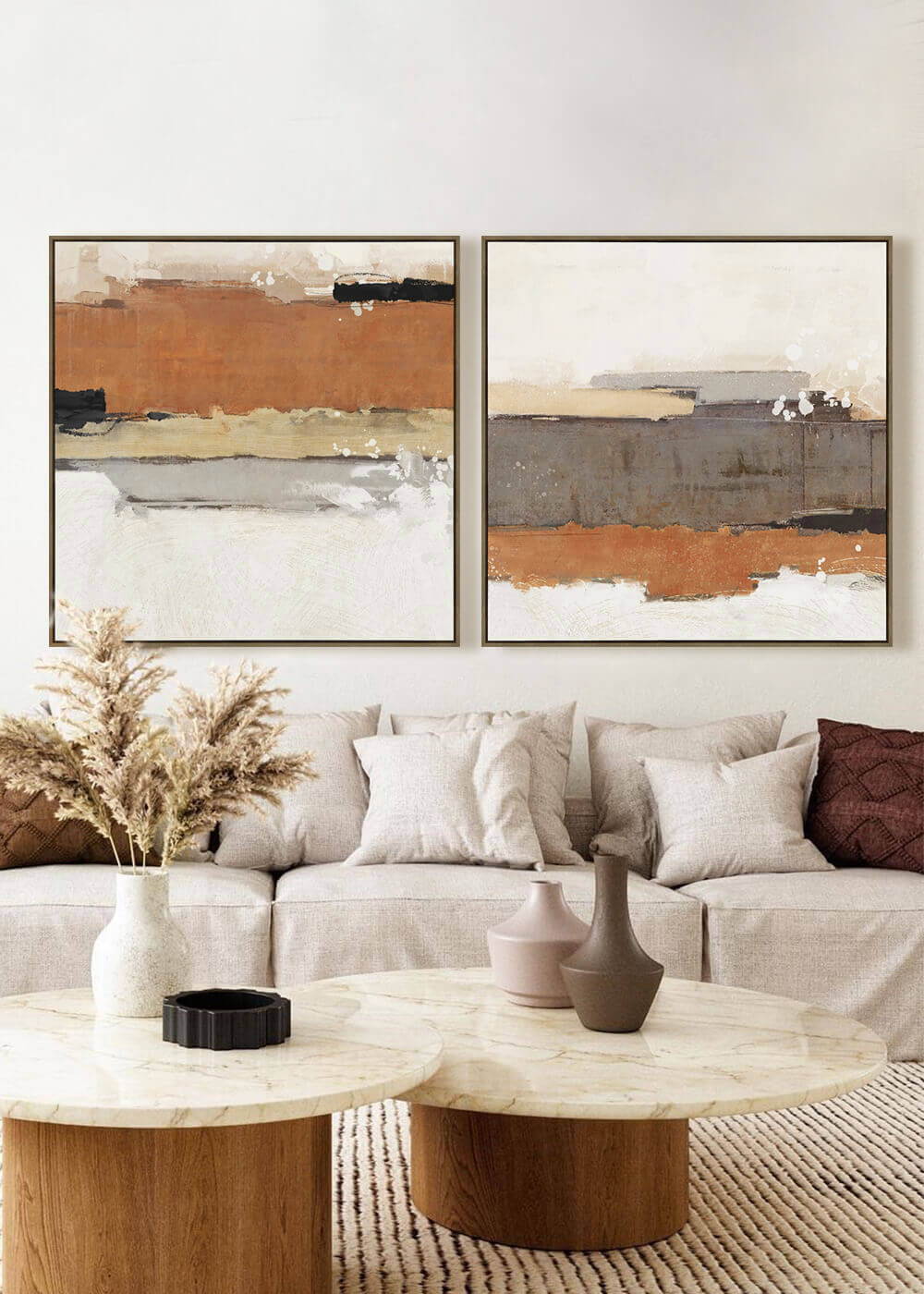 LBD EXCLUSIVE  |  DOMINGOS FRAMED CANVAS PRINT  |  SET OF 2  |  100CM X 100CM  |  RUST + WHITE + BLACK  |  OAK NATURAL FRAME
