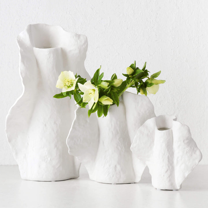 LIVING BY DESIGN EXCLUSIVE  |  DRUYA CERAMIC VASE BUNDLE X2  |  SMALL + MEDIUM  |  NATURAL WHITE CERAMIC