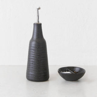 OTTAWA STONEWARE OIL BOTTLE + SALT DISH 2 PIECE SET  |  STONE