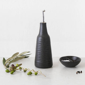 OTTAWA STONEWARE OIL BOTTLE + SALT DISH 2 PIECE SET  |  STONE