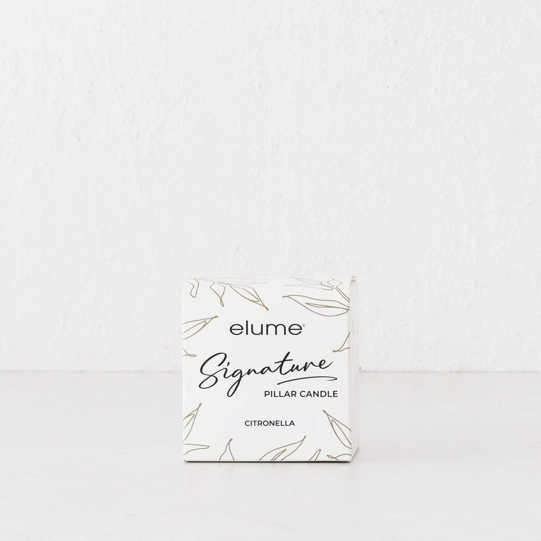 ELUME  |  SIGNATURE CITRONELLA PILLAR 3X3" CANDLE  |  40HRS  |  CITRONELLA + TEA TREE + LAVENDER