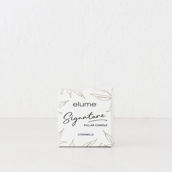 ELUME  |  SIGNATURE CITRONELLA PILLAR 3X3" CANDLE  |  40HRS  |  CITRONELLA + TEA TREE + LAVENDER