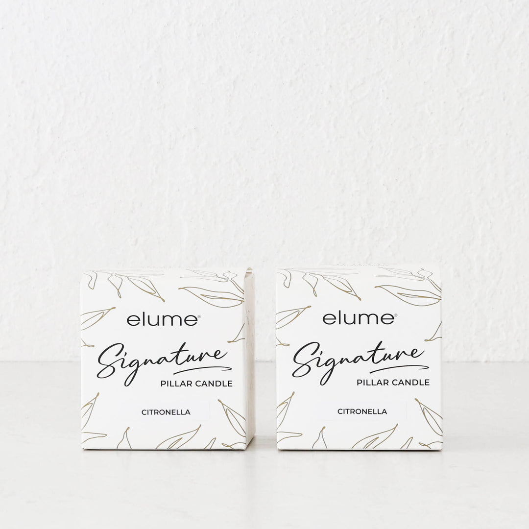 ELUME  |  SIGNATURE CITRONELLA PILLAR 3X3" CANDLE BUNDLE X2  |  40HRS  |  CITRONELLA + TEA TREE + LAVENDER