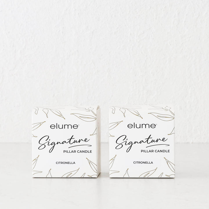 ELUME  |  SIGNATURE CITRONELLA PILLAR 3X3" CANDLE BUNDLE X2  |  40HRS  |  CITRONELLA + TEA TREE + LAVENDER