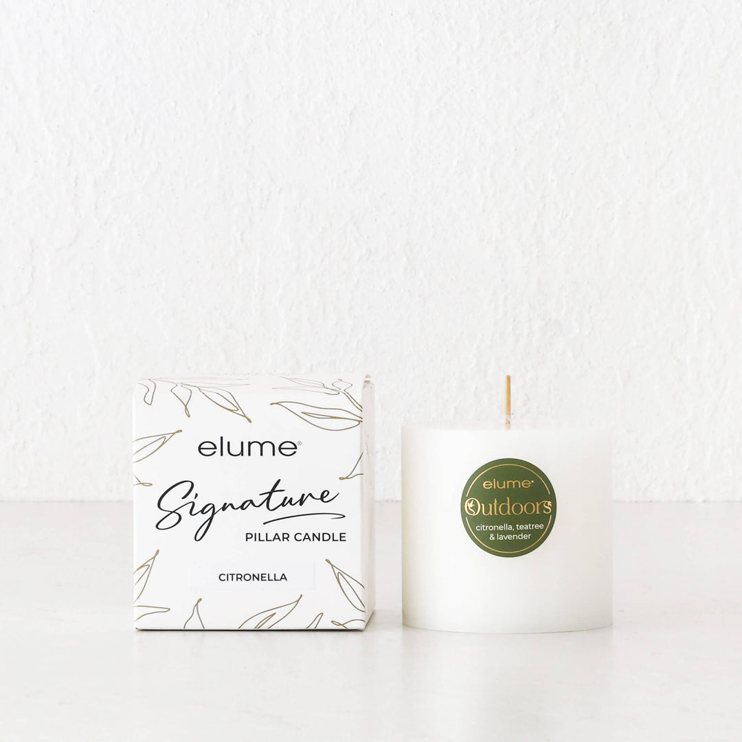 ELUME  |  SIGNATURE CITRONELLA PILLAR 3X3" CANDLE  |  40HRS  |  CITRONELLA + TEA TREE + LAVENDER