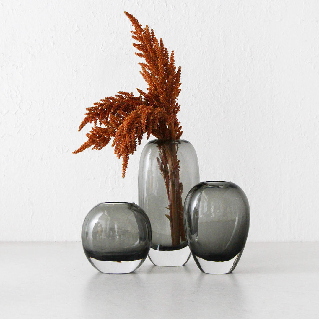 FREYA HAND BLOWN VASE  |  CHARCOAL + CLEAR GLASS  |  SMALL