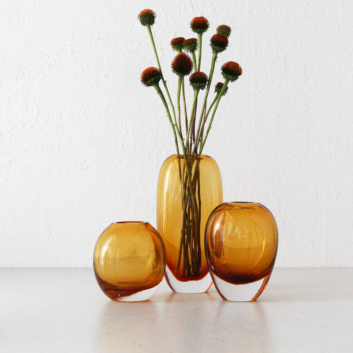 FREYA HAND BLOWN VASE BUNDLE X3 | AMBER + CLEAR GLASS | SMALL + MEDIUM + LARGE