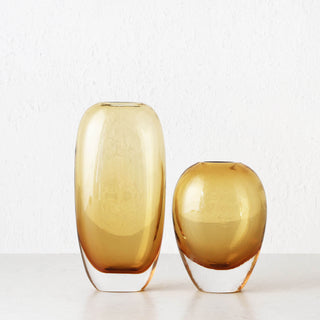 LIVING BY DESIGN EXCLUSIVE  |  FREYA HAND BLOWN VASE BUNDLE X2  |  M + L  |  AMBER + CLEAR GLASS