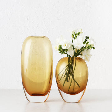 FREYA HAND BLOWN VASE BUNDLE X2  |  AMBER + CLEAR GLASS  |  LARGE + MEDIUM