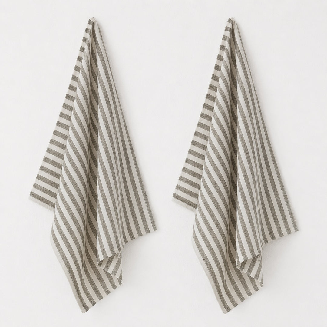 FRONTERA AWNING STRIPE KITCHEN TEA TOWEL BUNDLE X2  |   50X70CM  |  EBONY MOCHA