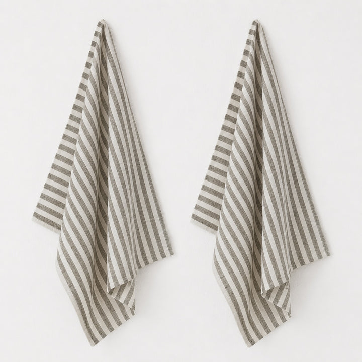 FRONTERA AWNING STRIPE KITCHEN TEA TOWEL BUNDLE X2  |   50X70CM  |  EBONY MOCHA