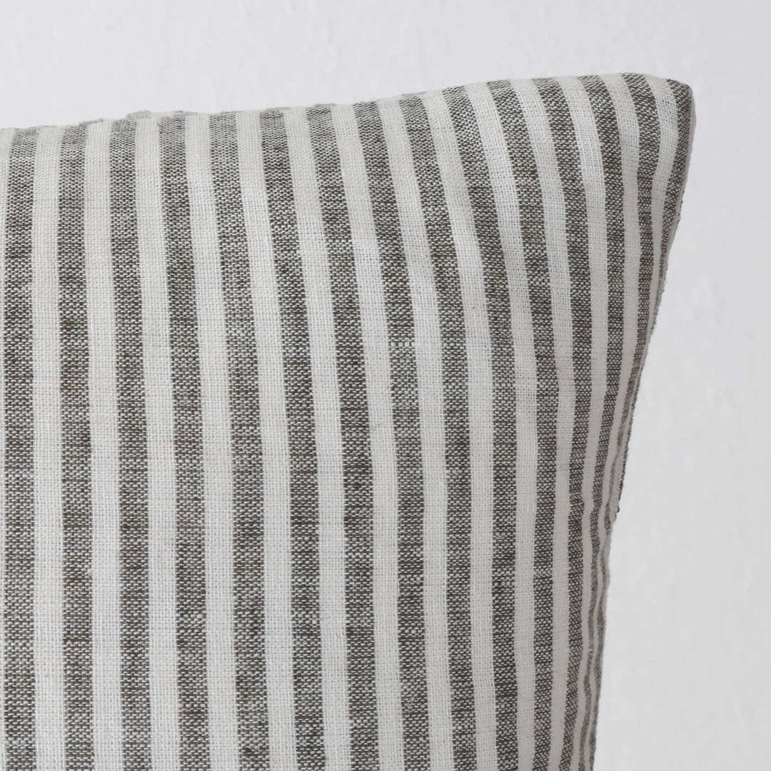 FRONTERA TICKING STRIPE CUSHION | EBONY MOCHA | CLOSE UP