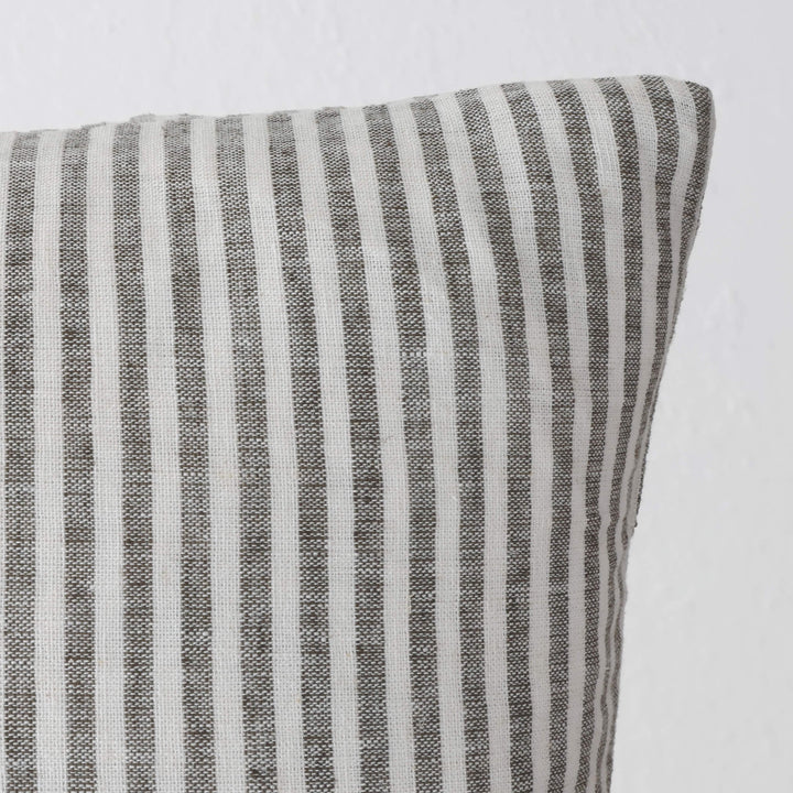 FRONTERA TICKING STRIPE CUSHION | EBONY MOCHA | CLOSE UP