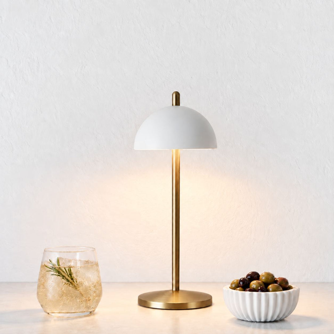 FONTAINES RECHARGEABLE INDOOR/OUTDOOR LED LANTERN  |  ANTIQUE BRASS + WHITE SHADE
