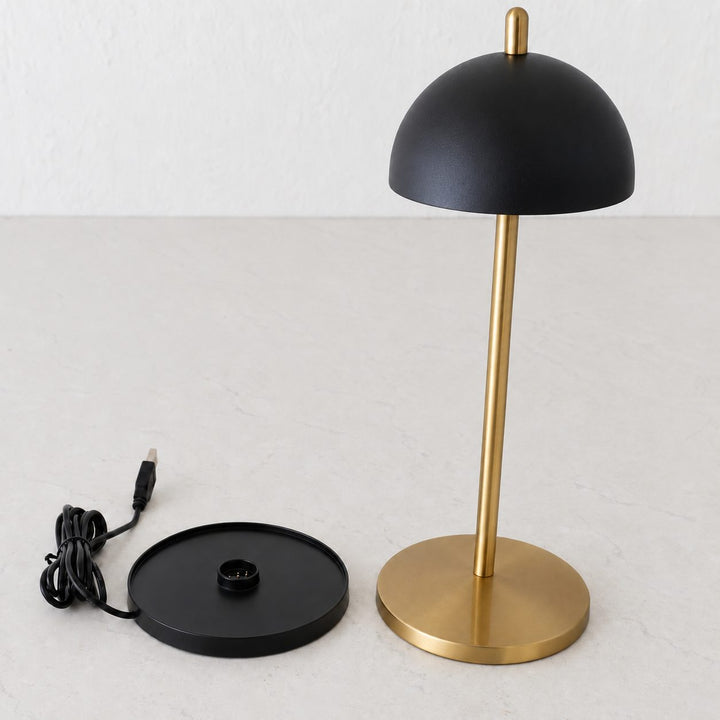 FONTAINES RECHARGEABLE INDOOR/OUTDOOR LED LANTERN  |  ANTIQUE BRASS + BLACK SHADE