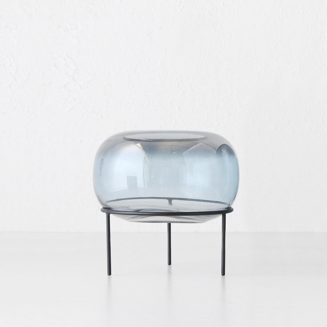 50% FINAL SALE  |  GLASS VASE ON BLACK STAND  |  SMALL |  BLUE