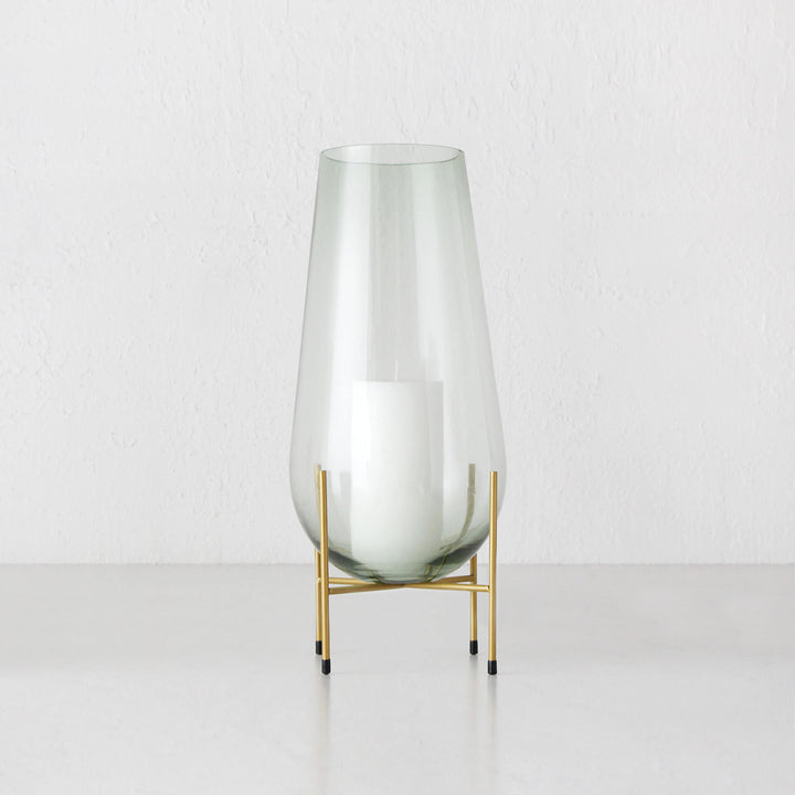 GREEN GLASS VASE ON STAND | LARGE | GOLD