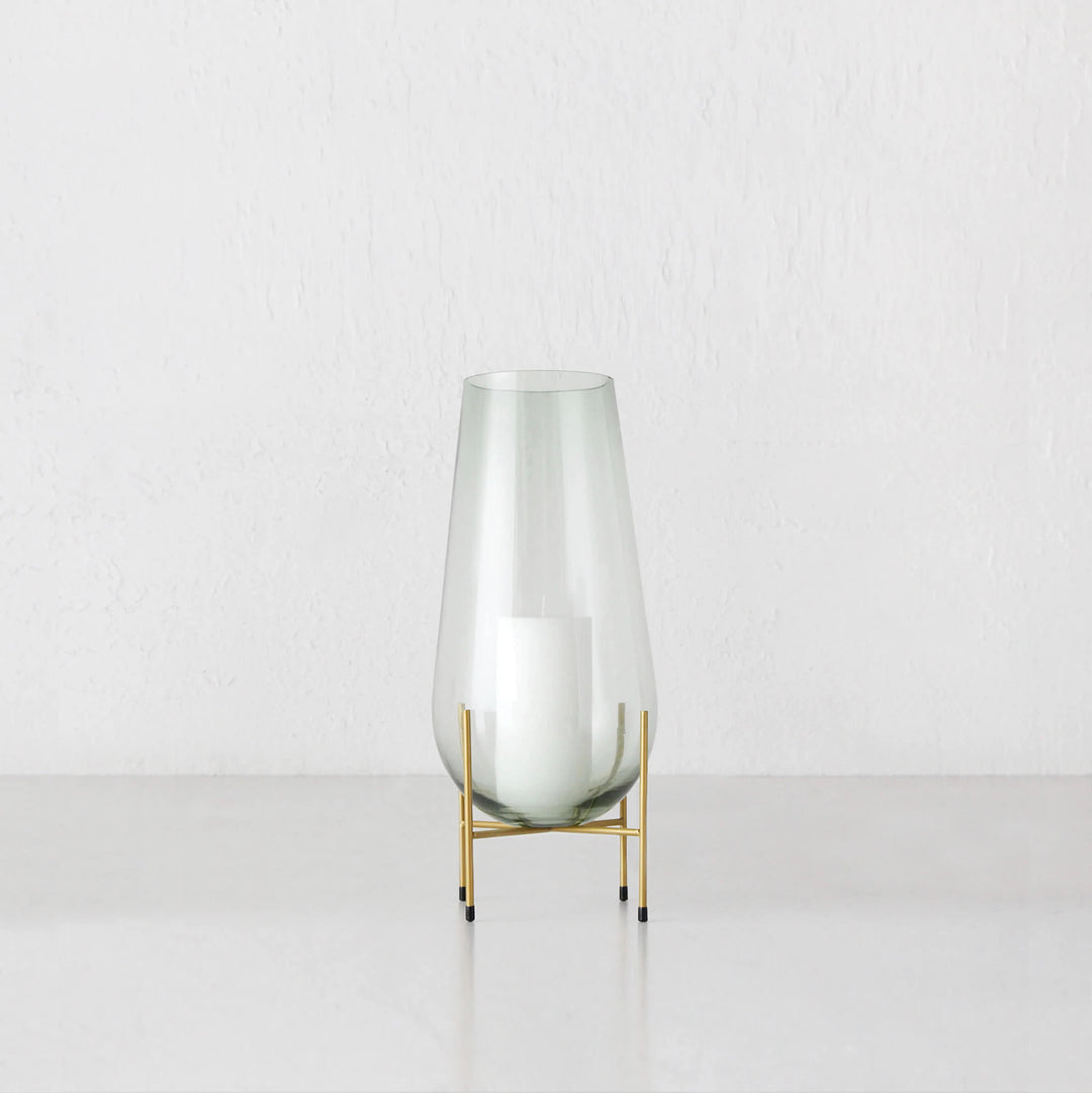 GREEN GLASS VASE ON STAND | MEDIUM | GOLD