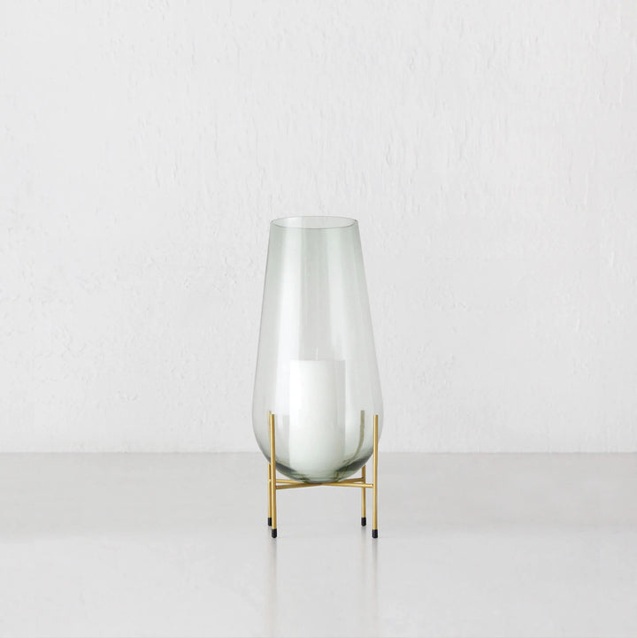 GREEN GLASS VASE ON STAND | MEDIUM | GOLD