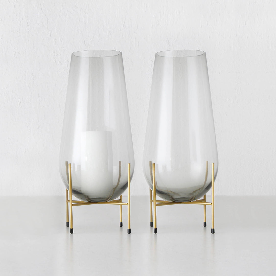 GREY GLASS VASE ON STAND BUNDLE X2  |  LARGE  |  GOLD