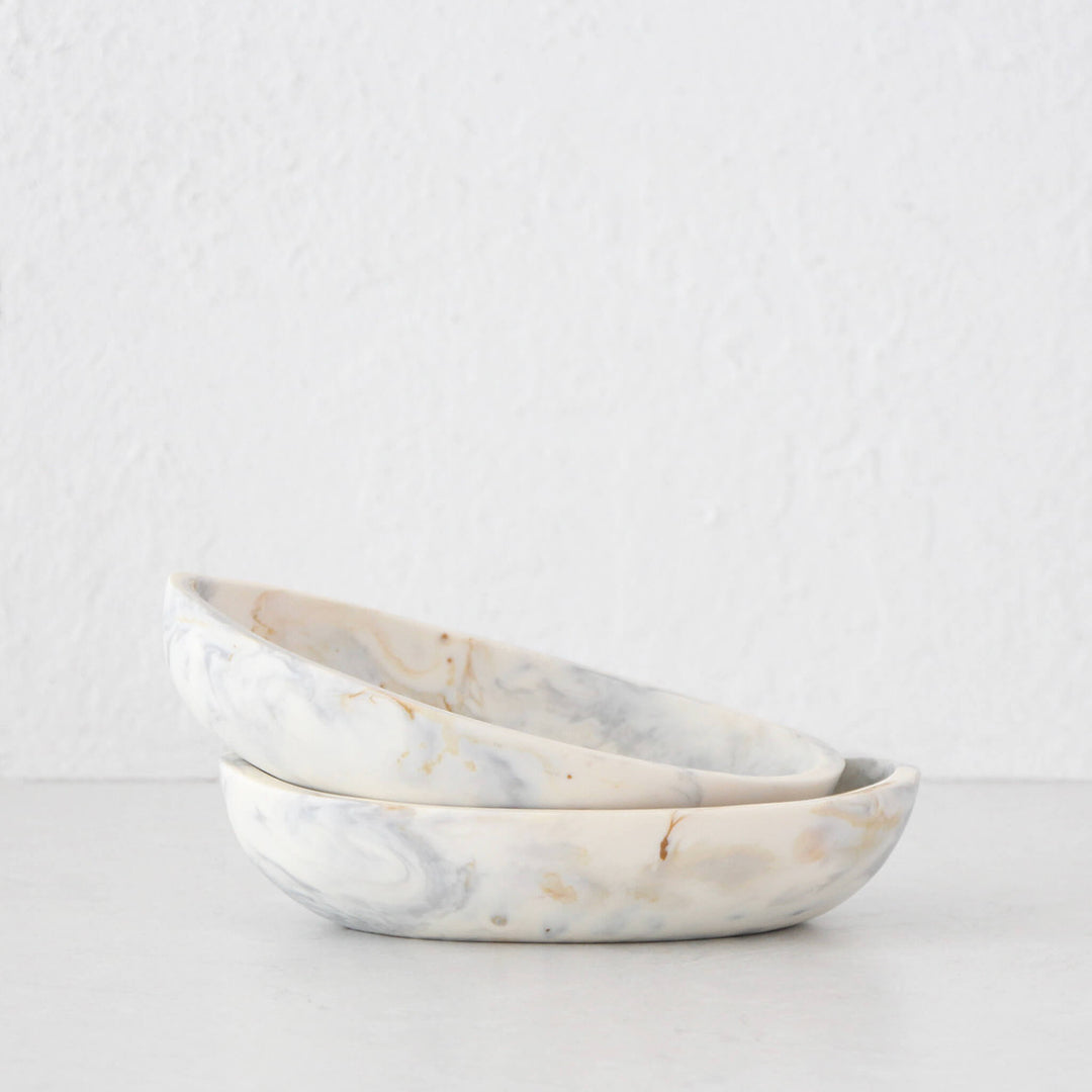 HADLEY OVAL RESIN SERVING BOWL  |  BUNDLE X2  |  MARBLED STEEL + SAND