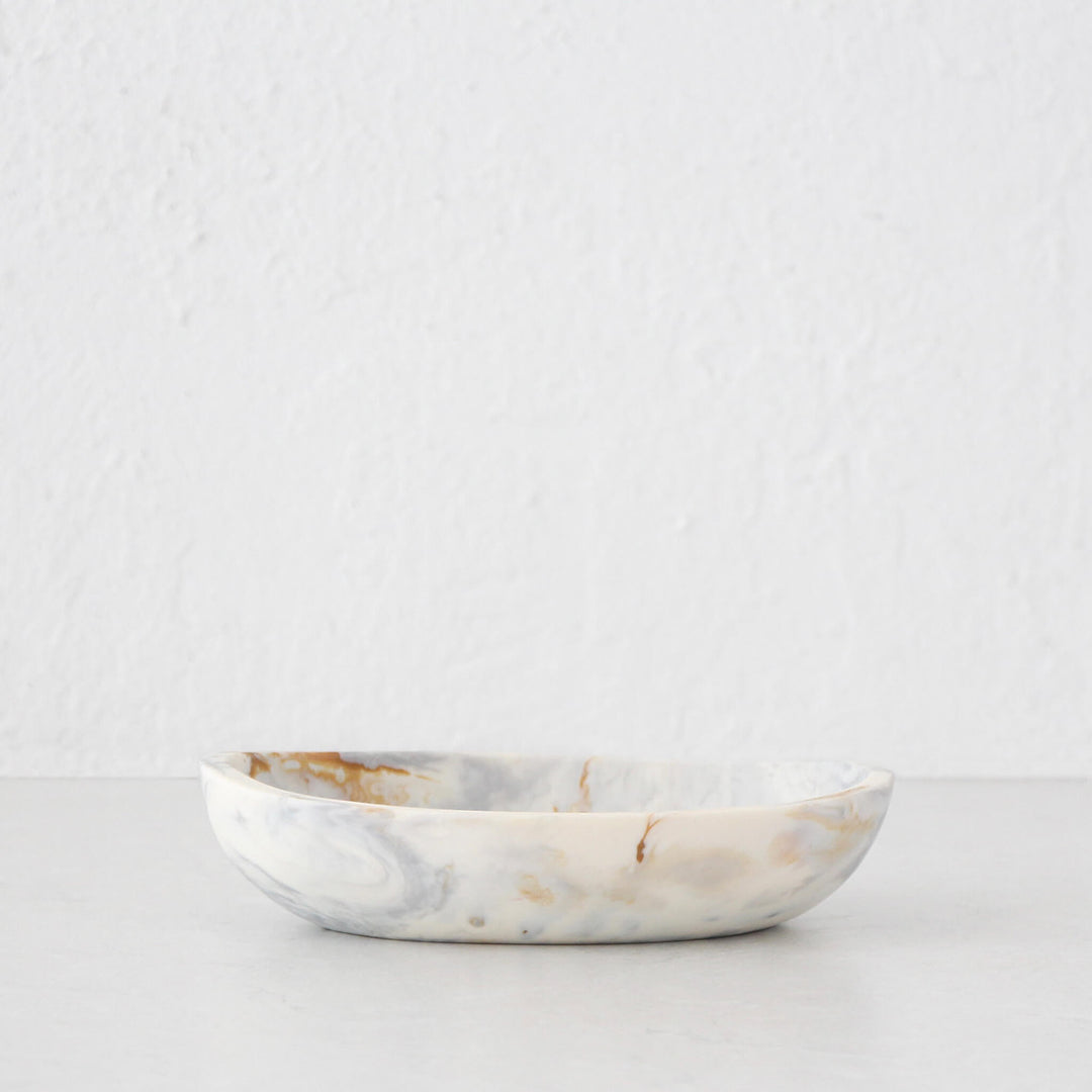 HADLEY OVAL RESIN SERVING BOWL  |  MARBLED STEEL + SAND