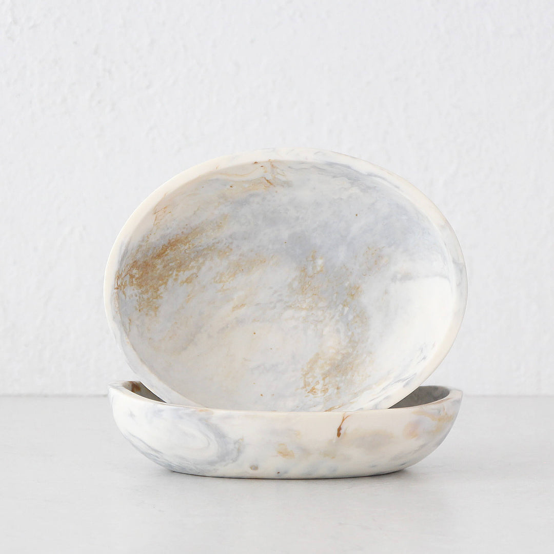 HADLEY OVAL RESIN SERVING BOWL  |  MARBLED STEEL + SAND