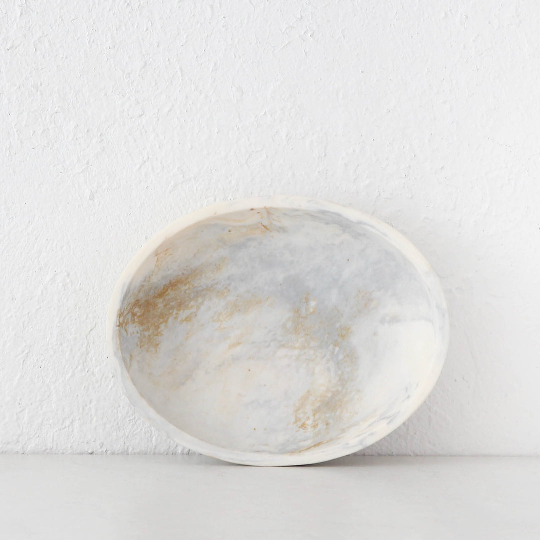 HADLEY OVAL RESIN SERVING BOWL  |  MARBLED STEEL + SAND