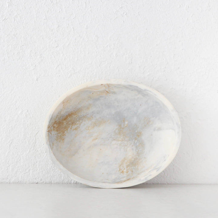 HADLEY OVAL RESIN SERVING BOWL  |  MARBLED STEEL + SAND