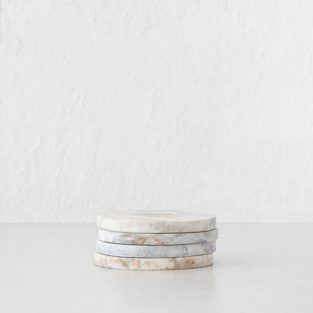 HADLEY ROUND RESIN COASTER  |  SET OF 4  |  MARBLED STEEL + SAND