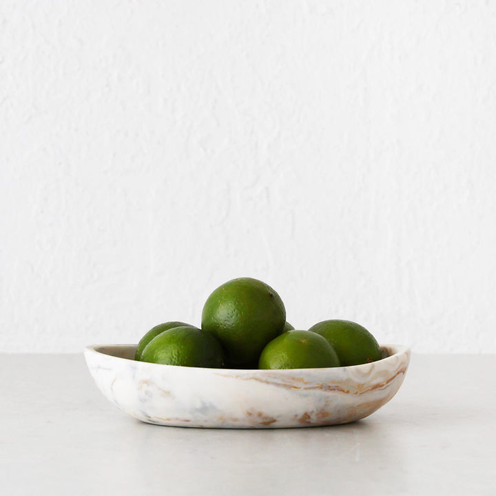 HADLEY OVAL RESIN SERVING BOWL  |  MARBLED STEEL + SAND