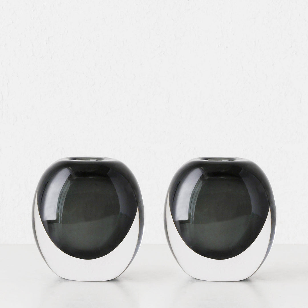 LIVING BY DESIGN EXCLUSIVE  |  HANS HAND BLOWN VASE BUNDLE X2  |  CHARCOAL + CLEAR GLASS