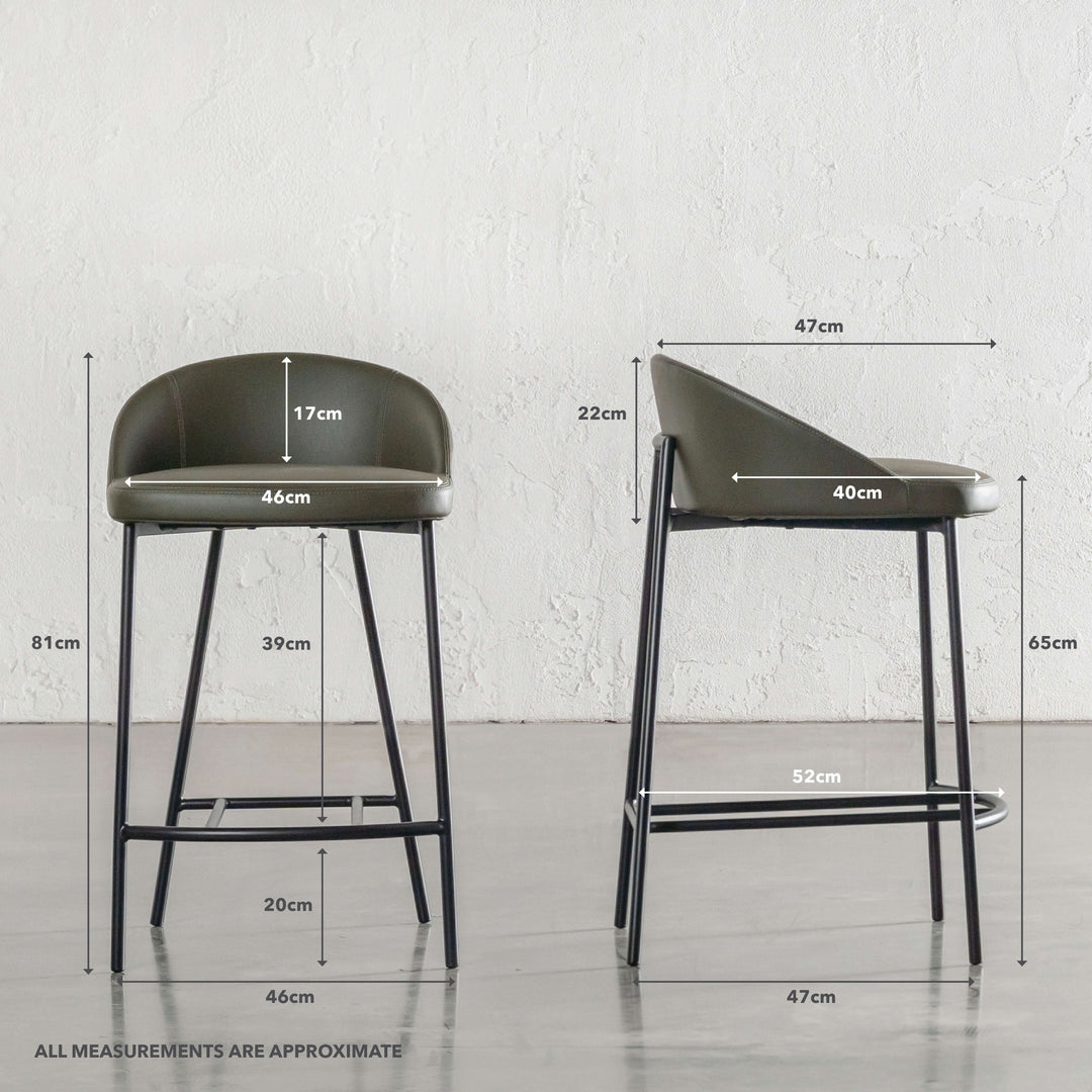 HAWLEY BAR CHAIR  |  MEDITERRANEAN DEEP OLIVE VEGAN LEATHER | MEASUREMENTS