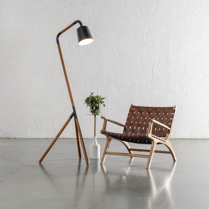 MALAND WOVEN LEATHER ARMCHAIR  |  TAN LEATHER HIDE + HOPPER FLOOR LAMP